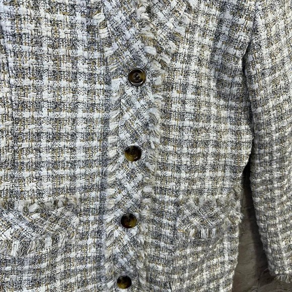 Ann Taylor Gray Boucle Tweed Plaid Blazer Suit Jacket Fringe Trim & Pockets 2P - Picture 2 of 5